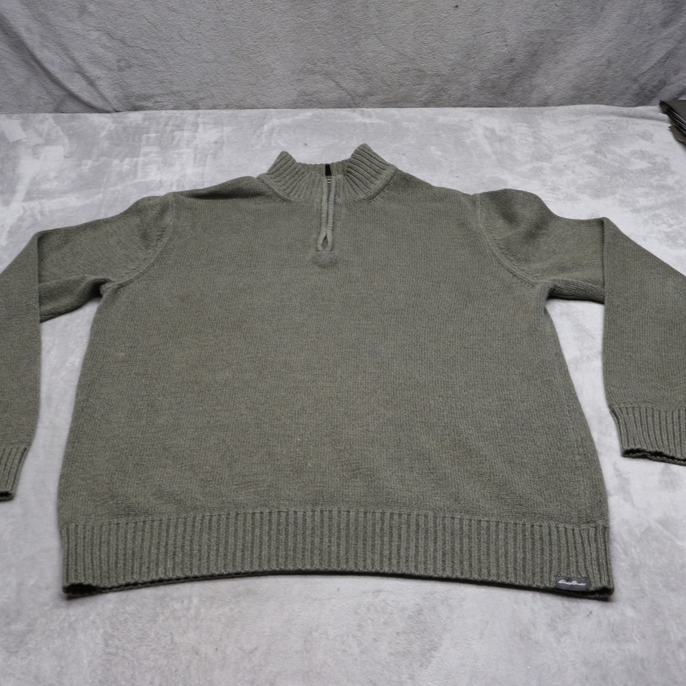 Eddie Bauer Sweater Mens Large Green Classic 1/4 Zip Pullover Knit Preppy Casual